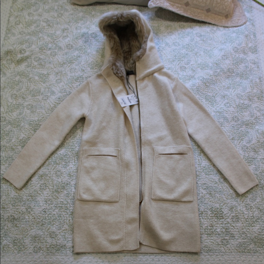 Zara Cream Knit Jacket with Faux Fur Hood, Small